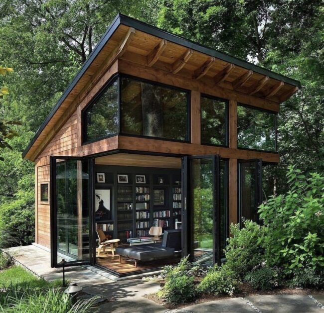 Contemporary Library Cabin Nestled in the Woods