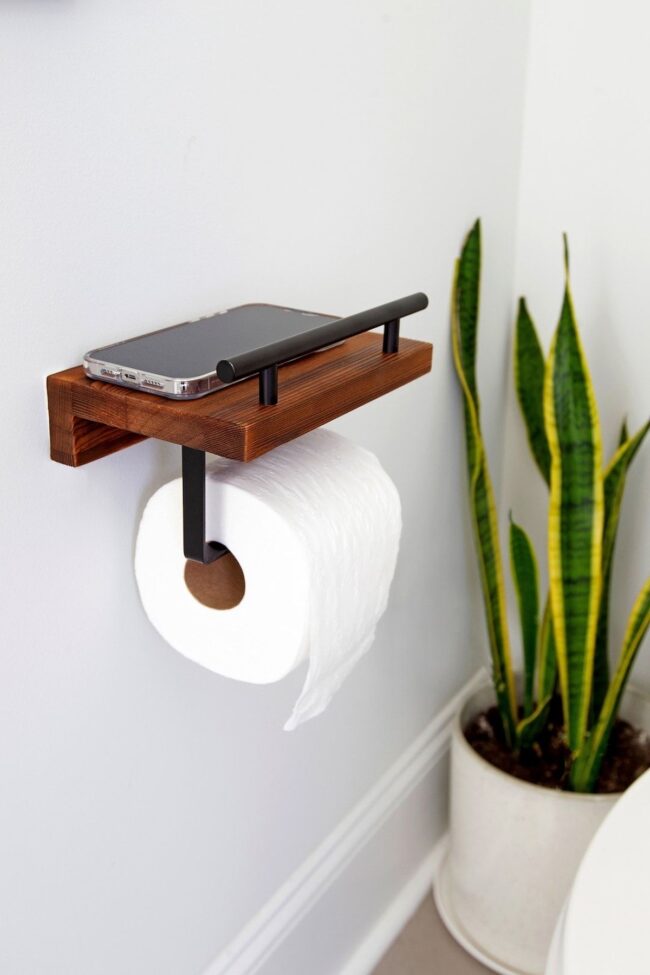 Wall-Mounted Wooden Holder with Smartphone Shelf