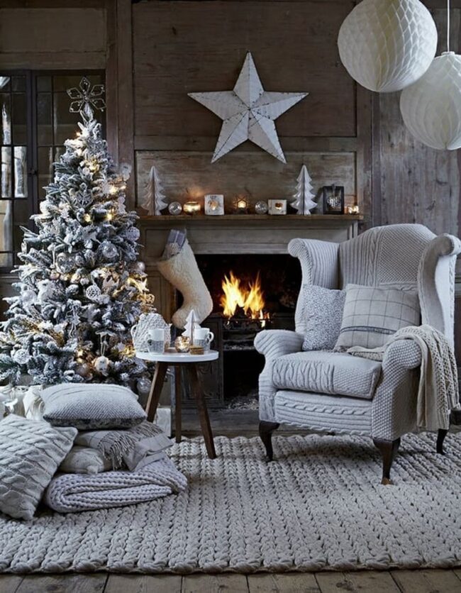 A Cabin Christmas with Flocked Trees & Knitted Details